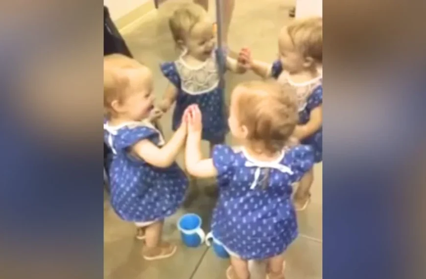 Adorable giggly baby can’t contain joy when she sees her ‘quadruplets’ in mirror